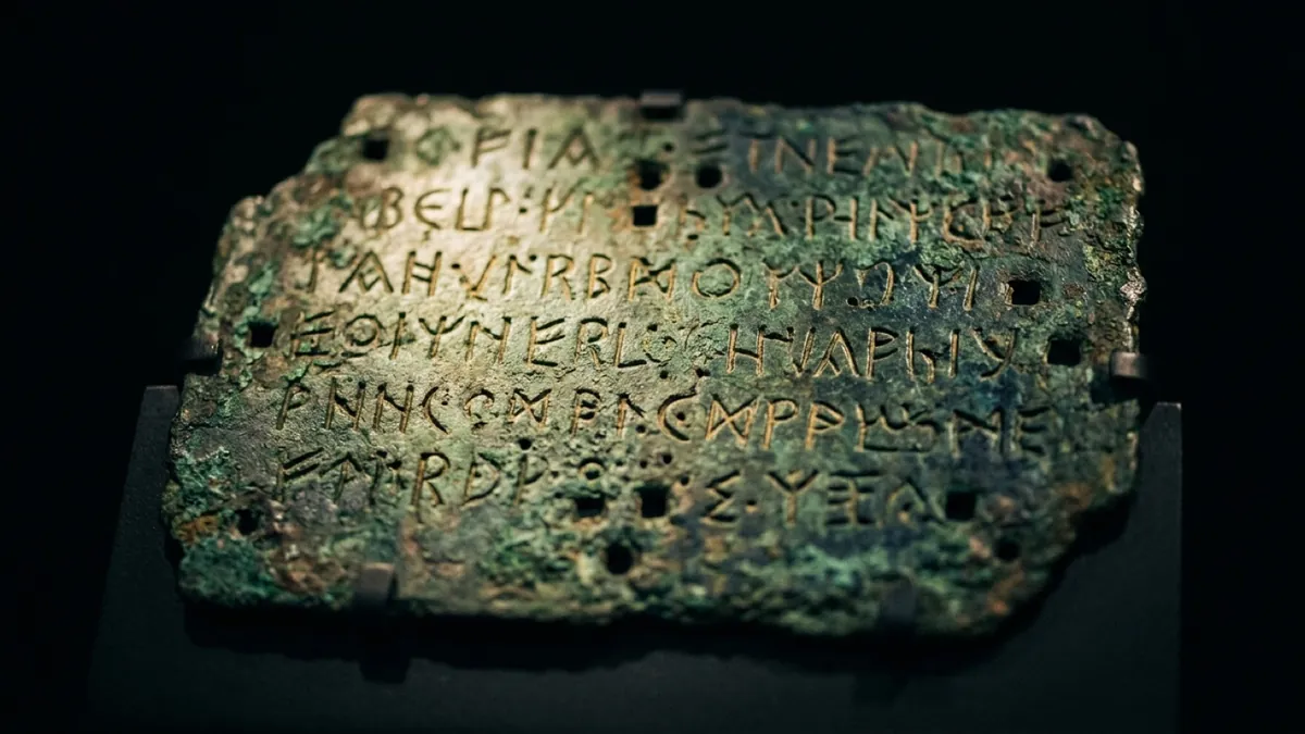An ancient bronze calendar tablet inscribed with rows of lettering