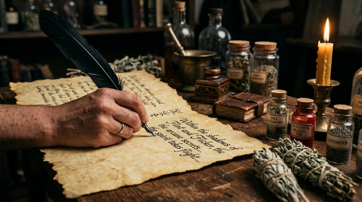 A hand writing with a black quill on parchment, surrounded by apothecary jars of herbs, sage bundles and a lit candle
