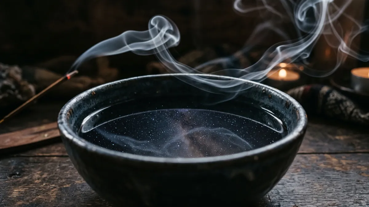 A dark bowl of water reflecting starlight, with incense smoke curling above