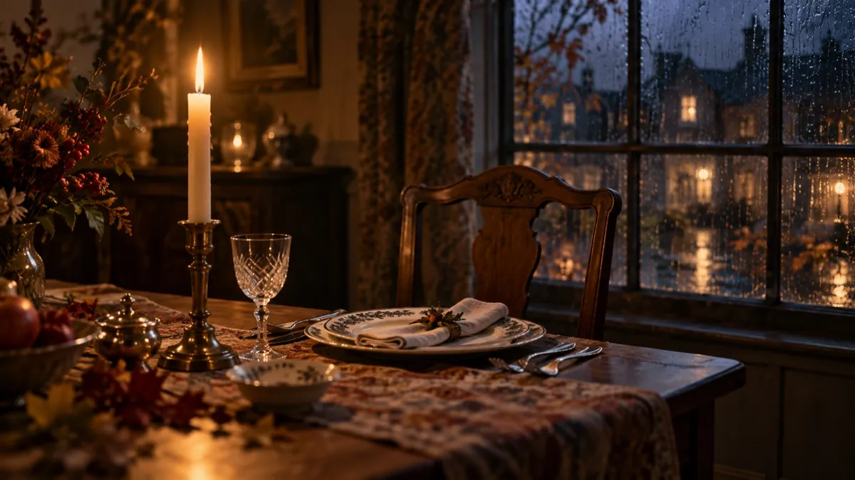 A candlelit supper table set by a rainy window on an autumn night