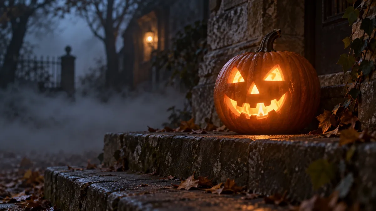 A carved jack-o'-lantern glowing on foggy stone steps