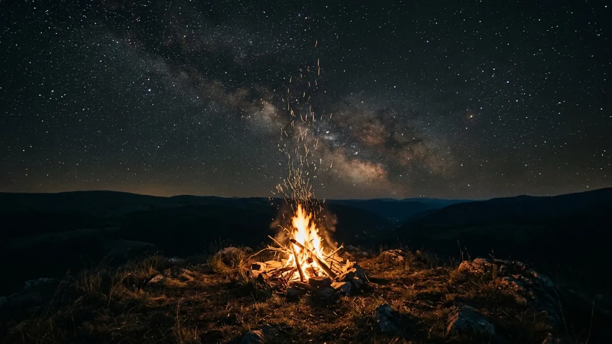 A lone fire burning on a hillside under the Milky Way