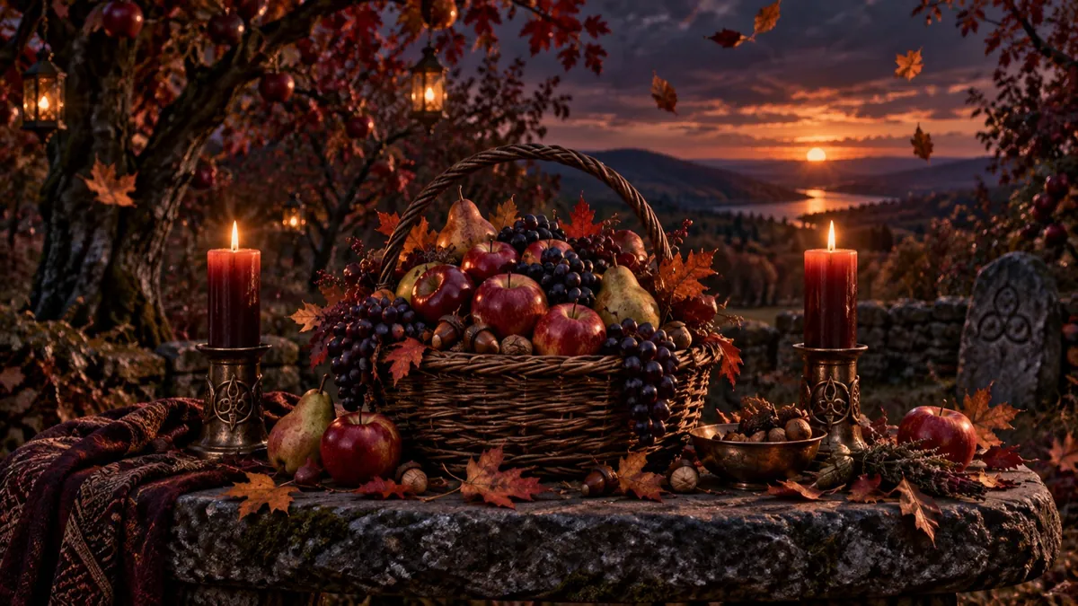 A Mabon altar of apples, grapes and candles looking out over autumn hills at dusk