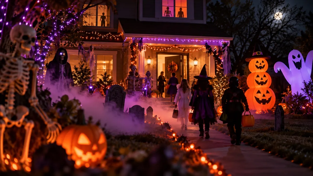 A house decorated for Halloween with glowing pumpkins, skeletons and trick-or-treaters on the path