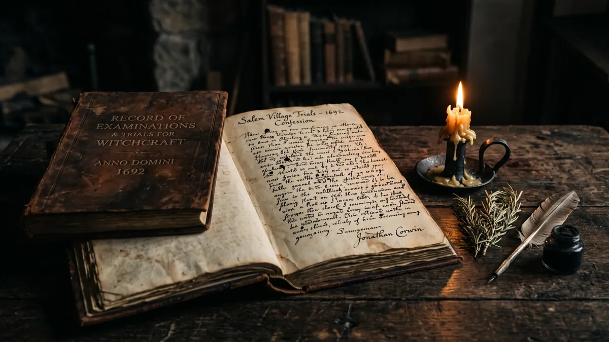 An old handwritten journal open beside a candle and a quill