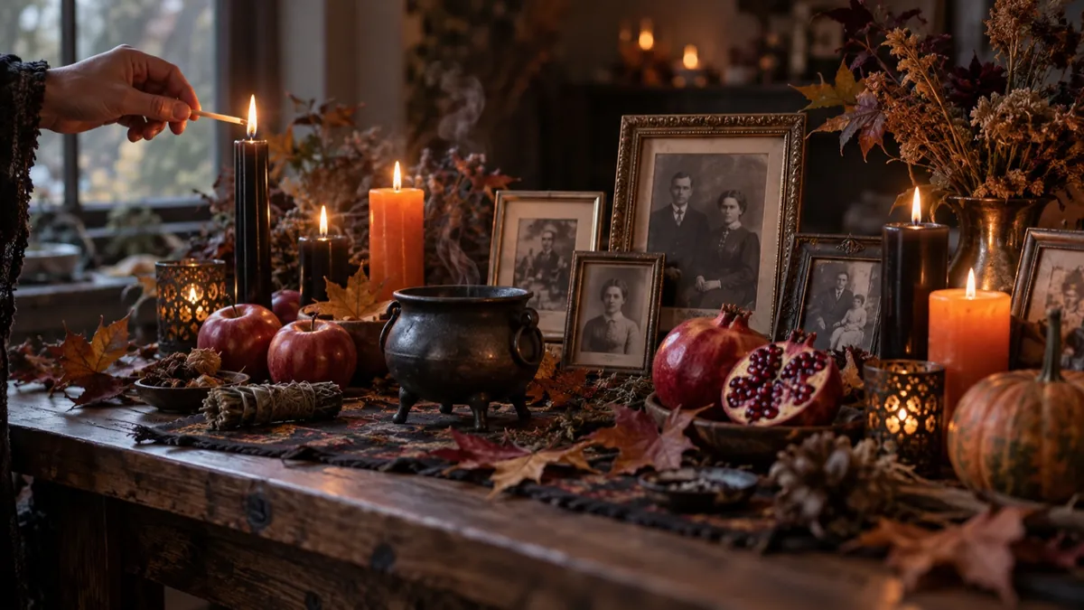 An ancestor altar with family photographs, candles, apples and pomegranates