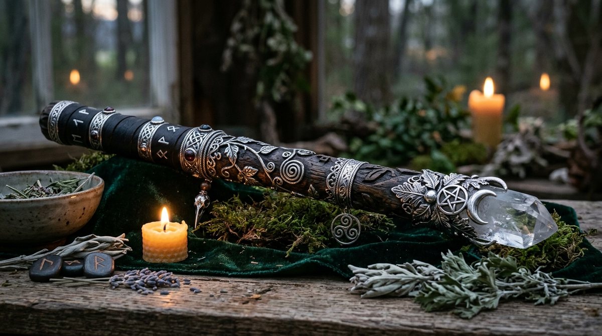 A carved wand with silver Celtic knotwork and a clear quartz point resting on green velvet with herbs and a candle