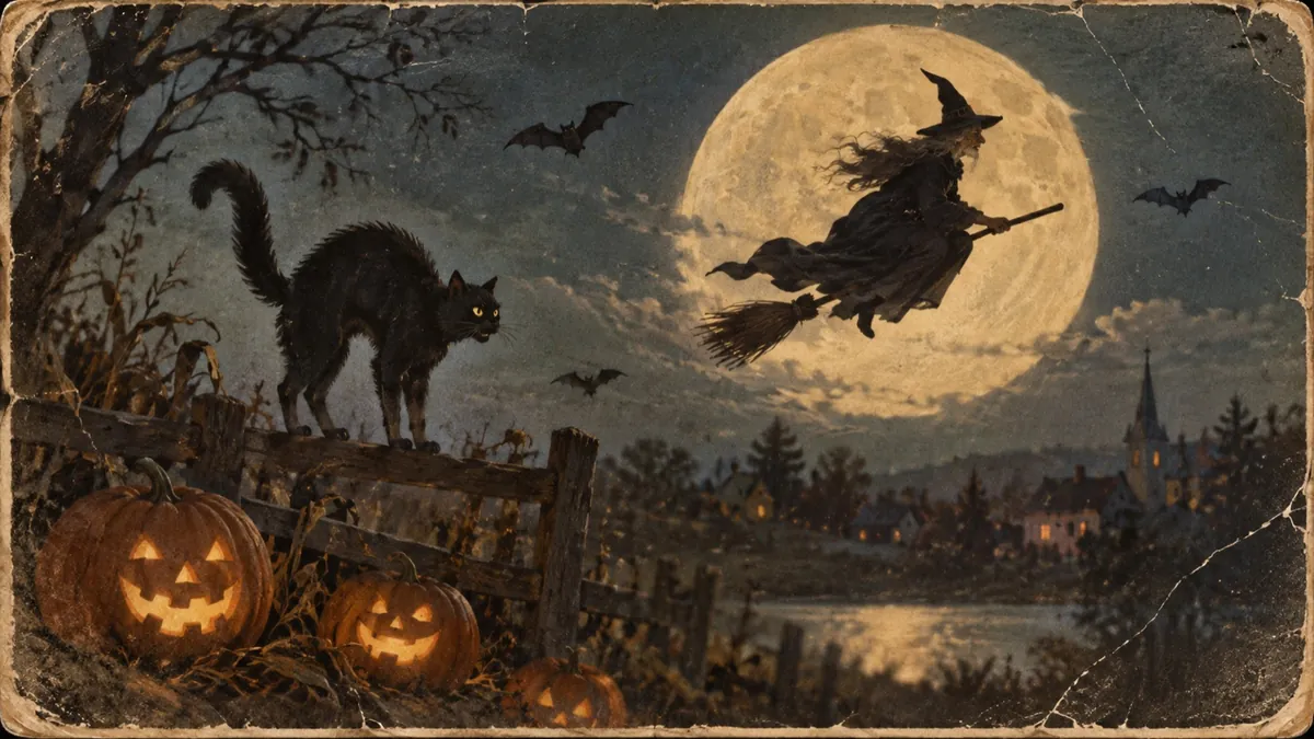 A vintage Halloween postcard of a black cat on a fence, a witch on a broom and jack-o'-lanterns under a full moon