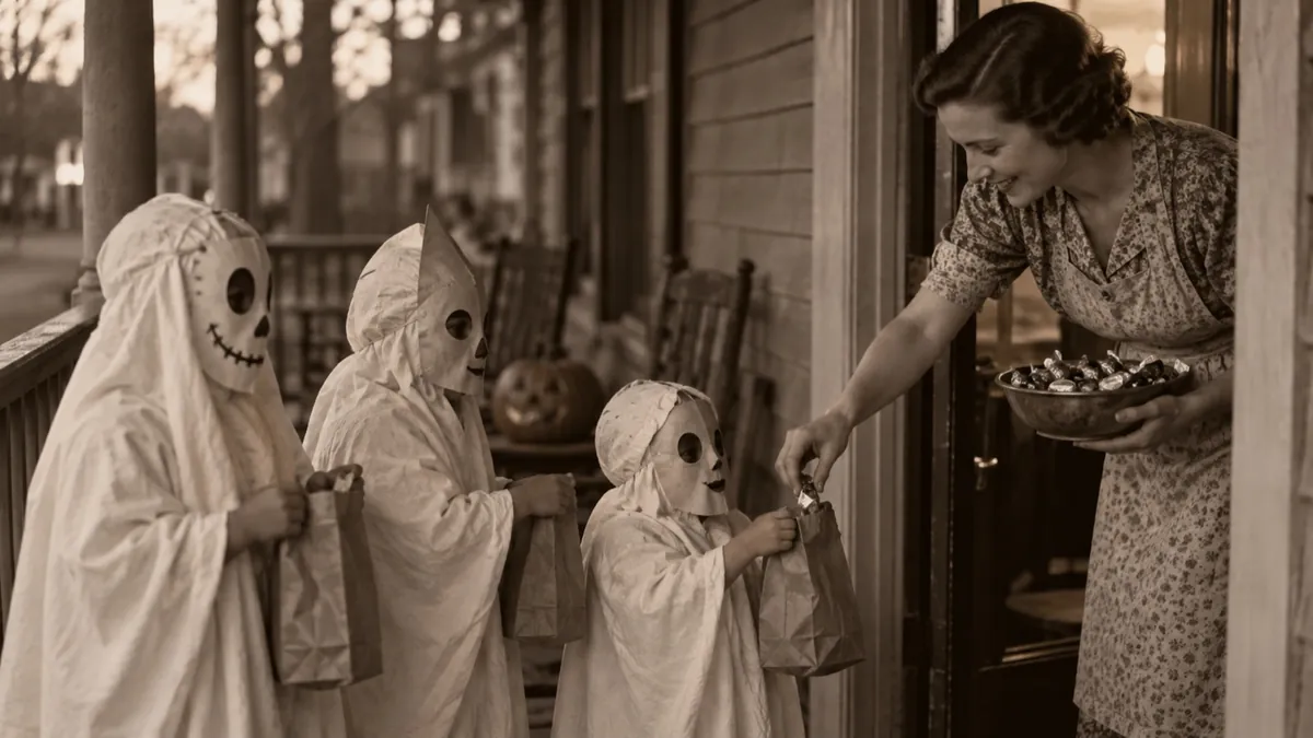 A vintage photograph of children in sheet-ghost costumes receiving treats at a door