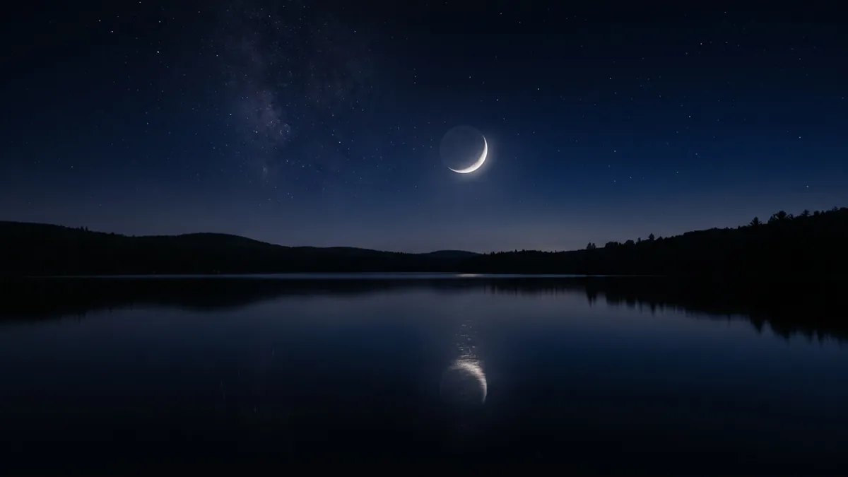 A crescent moon reflected in a still lake at night