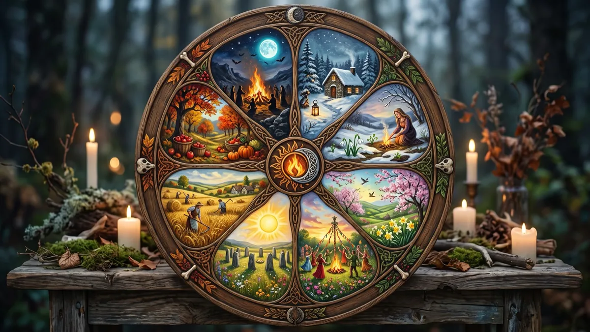An illustrated Wheel of the Year showing the eight sabbats, surrounded by candles