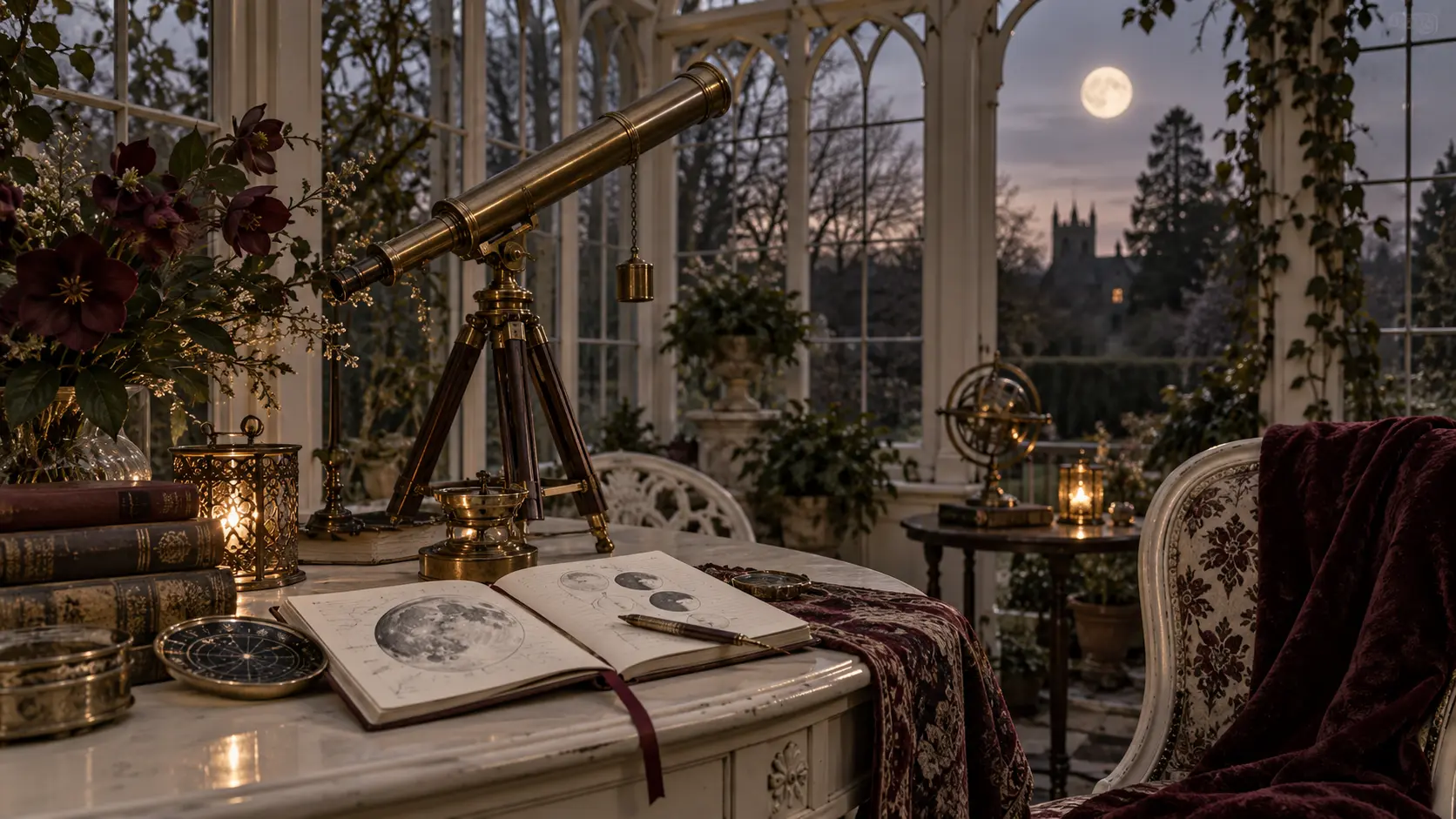 A moonlit Victorian conservatory with brass telescope