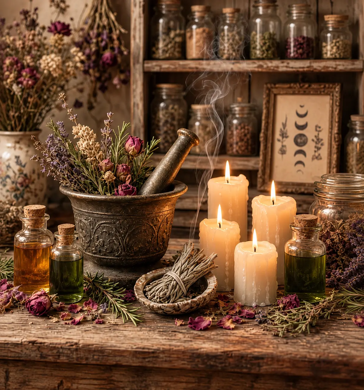 An apothecary table with mortar and pestle, flickering candles, dried herbs, oil bottles, and a sage bundle