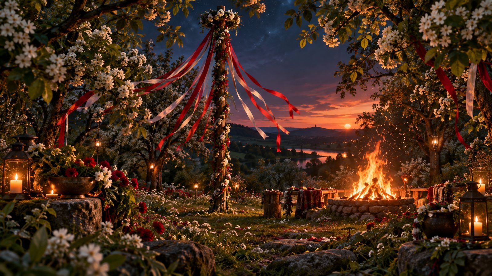 A ribboned maypole beside a Beltane bonfire at sunset