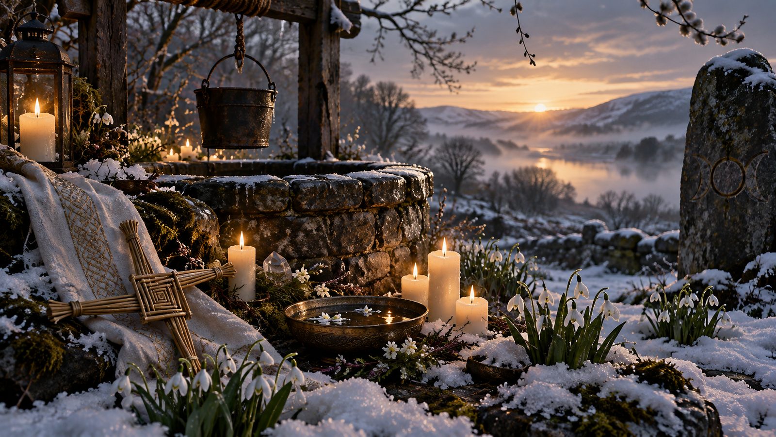 Candles and a bowl of water beside an old stone well in the snow at sunrise