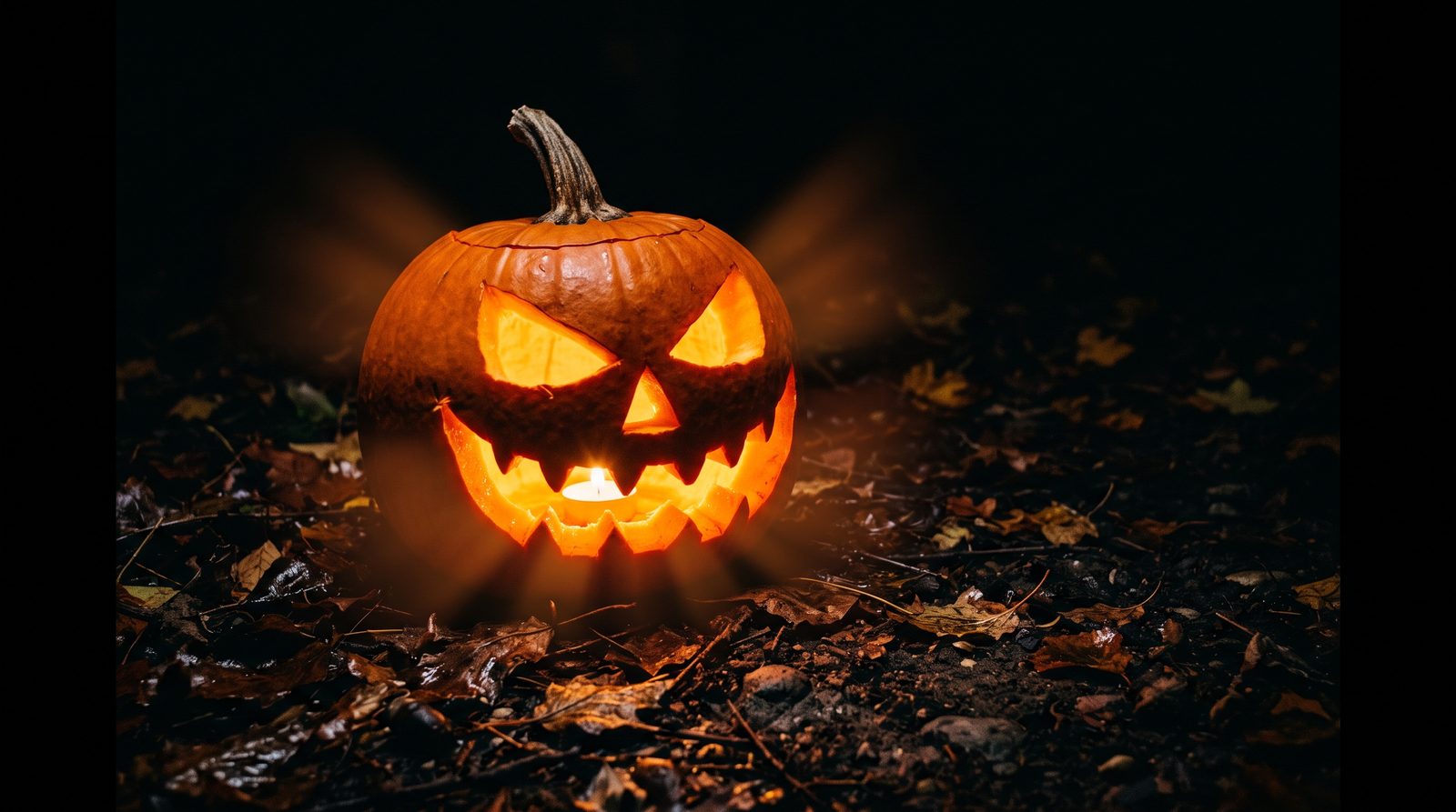 A glowing carved Halloween pumpkin