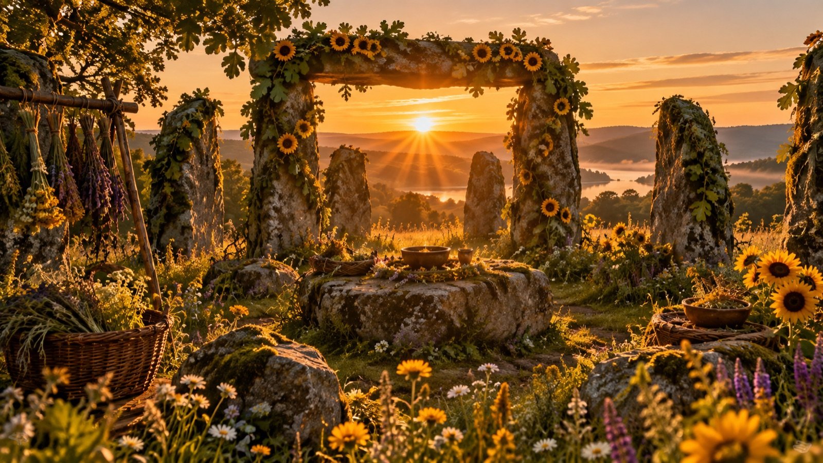 The midsummer sun setting through a flower-garlanded stone arch