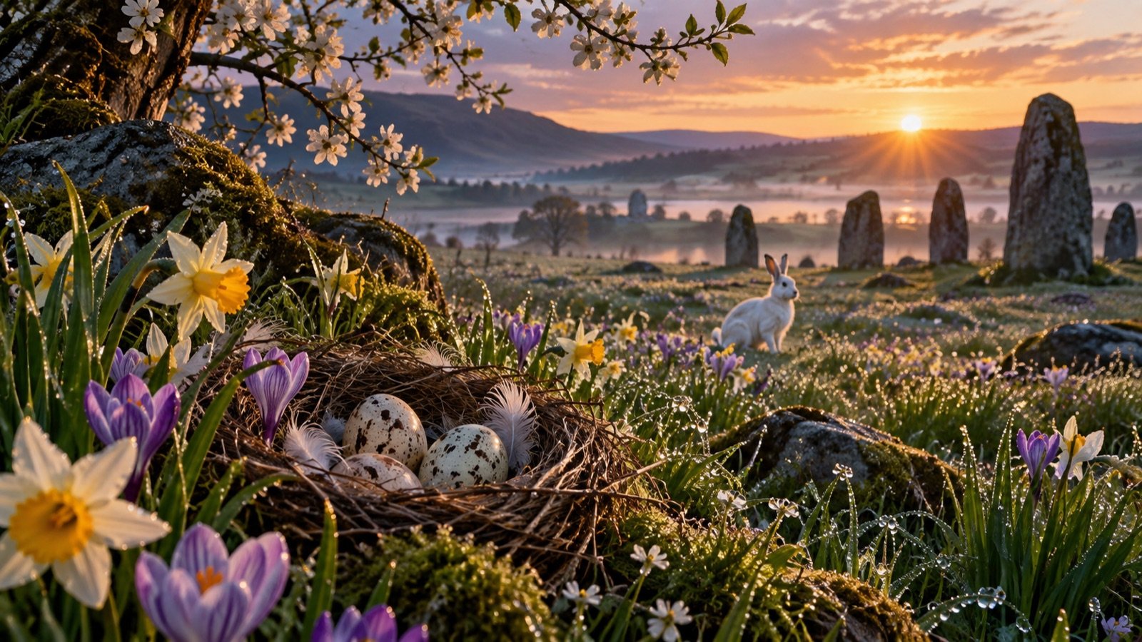 A nest of eggs among daffodils and spring flowers with a white hare in a meadow