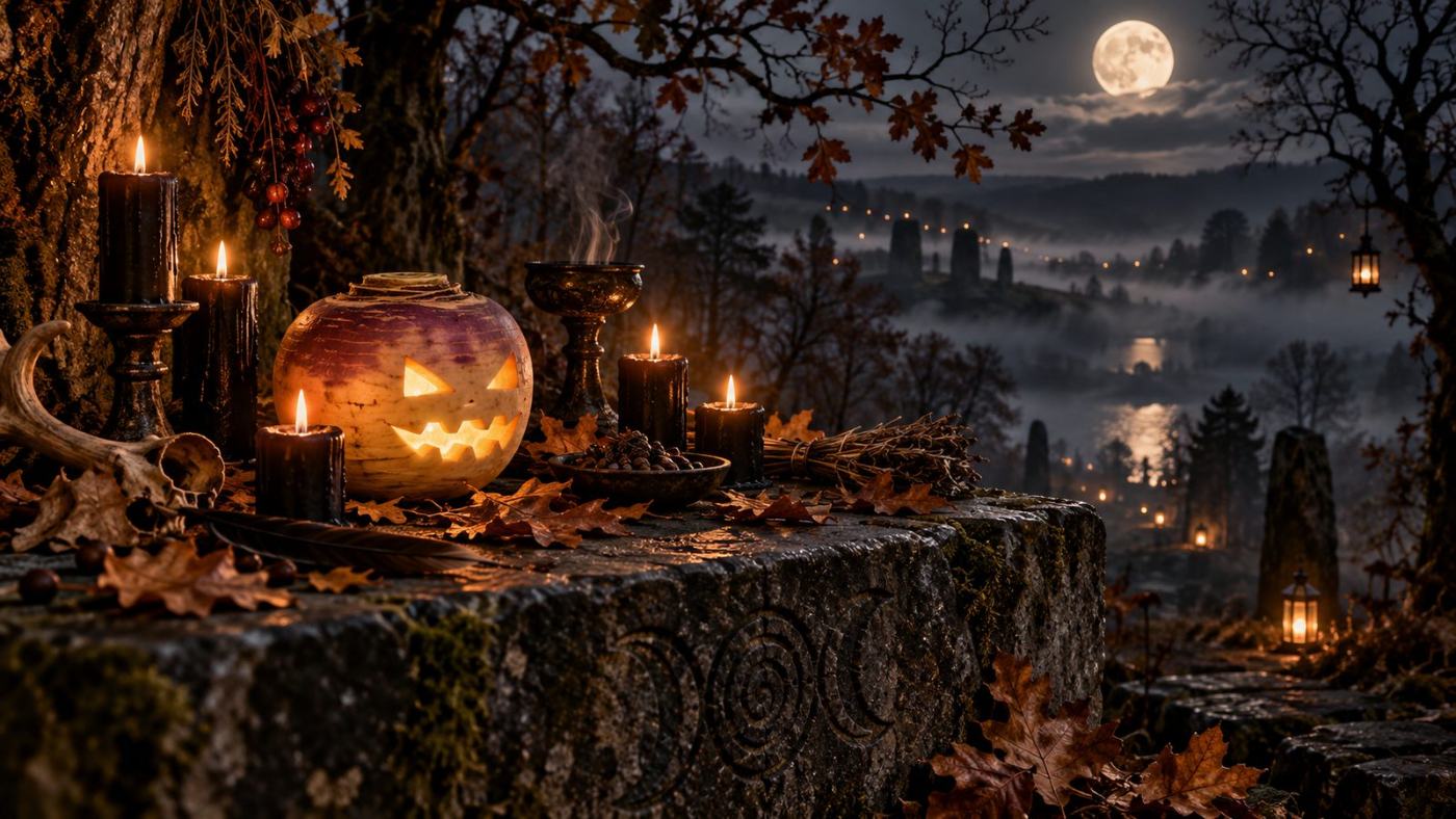 A jack-o'-lantern and candles on a stone altar overlooking a misty valley under the moon