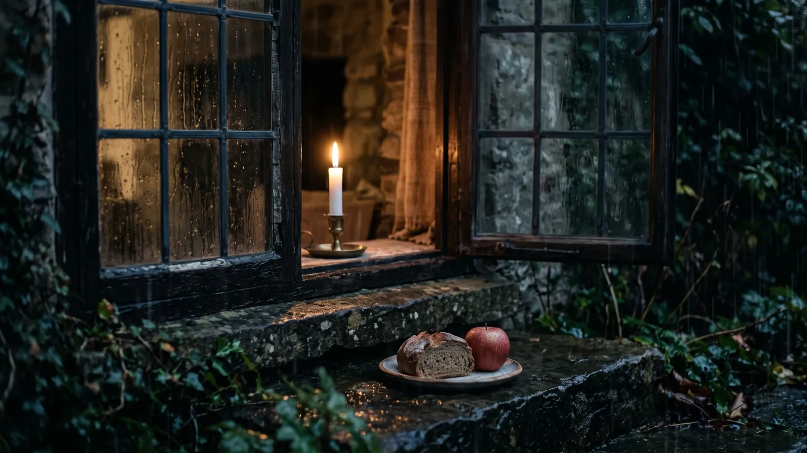 A candle glowing in a farmhouse window beside bread and an apple on the sill